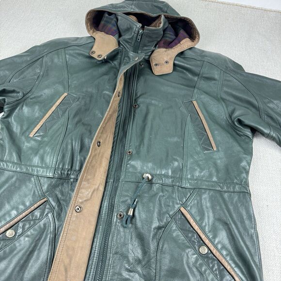 Vintage Verducci Soft Green Leather Jacket Women's 90s Hooded Lined Coat Large - Picture 6 of 16